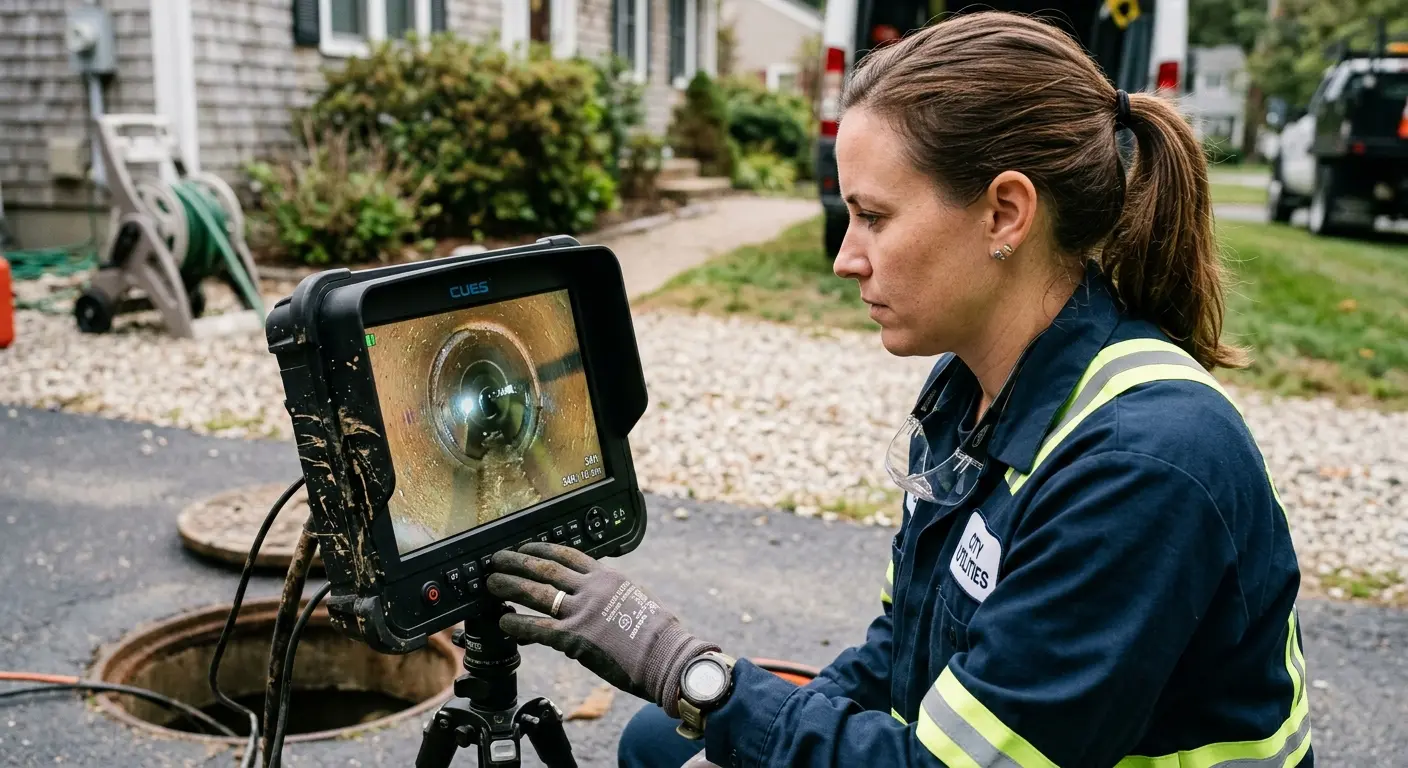 Technician reviewing sewer camera inspection footage in Rhinelander