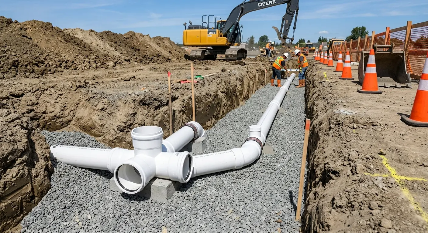 New PVC sewer pipe installation in open trench for Commercial Drain Cleaning in Rhinelander