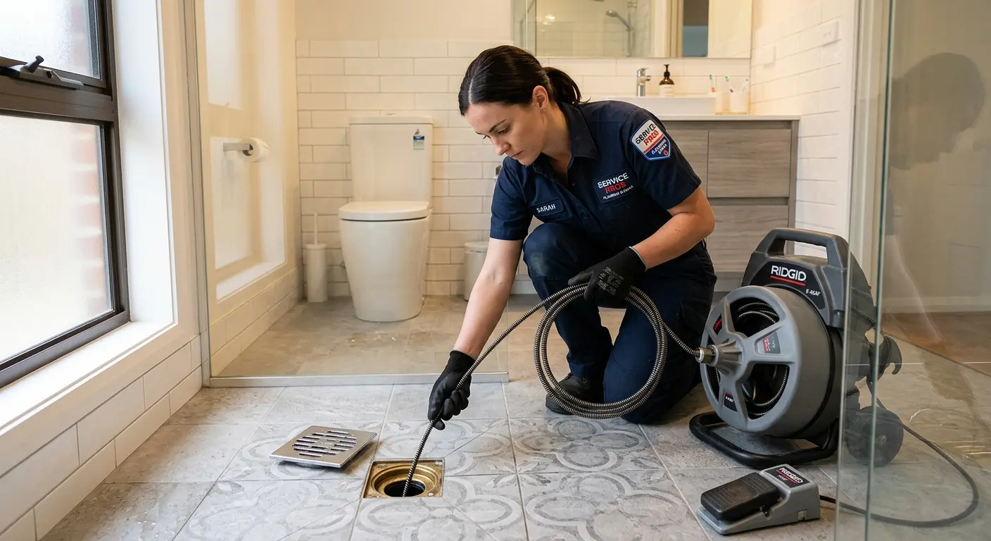 Technician clearing a bathroom floor drain for Hydro Jetting in Rhinelander